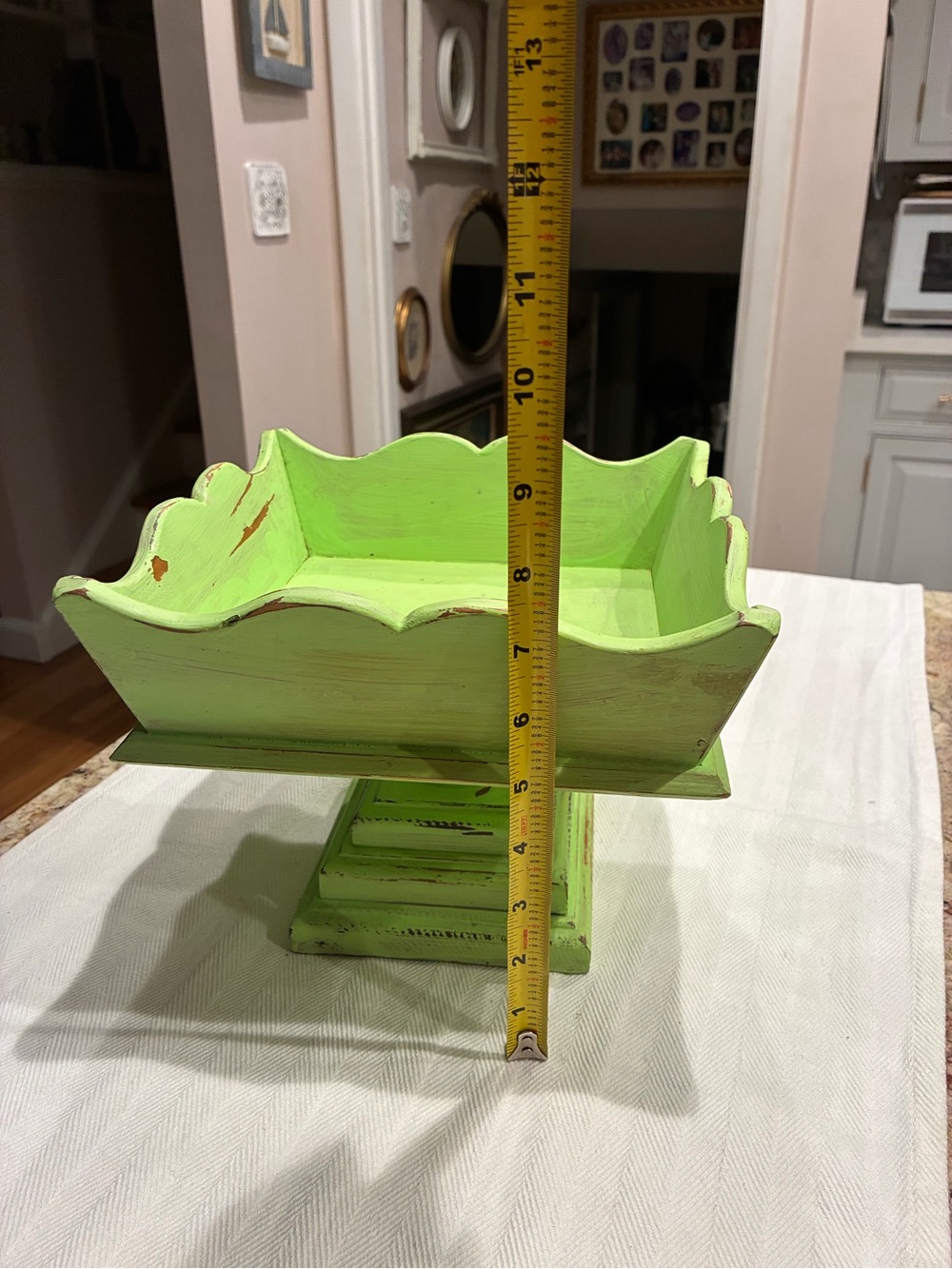 Vintage Distressed Lime Green Wood Pedestal Bowl - Picture 5 of 5